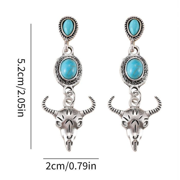 Wholesale Western cowboy retro oval metal earrings creative inlaid turquoise bull head pendant earrings