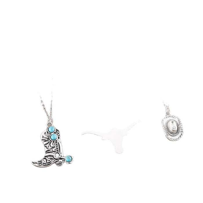 Wholesale Western cowboy retro ethnic style imitation turquoise alloy bull head combat boots hat pendant necklace