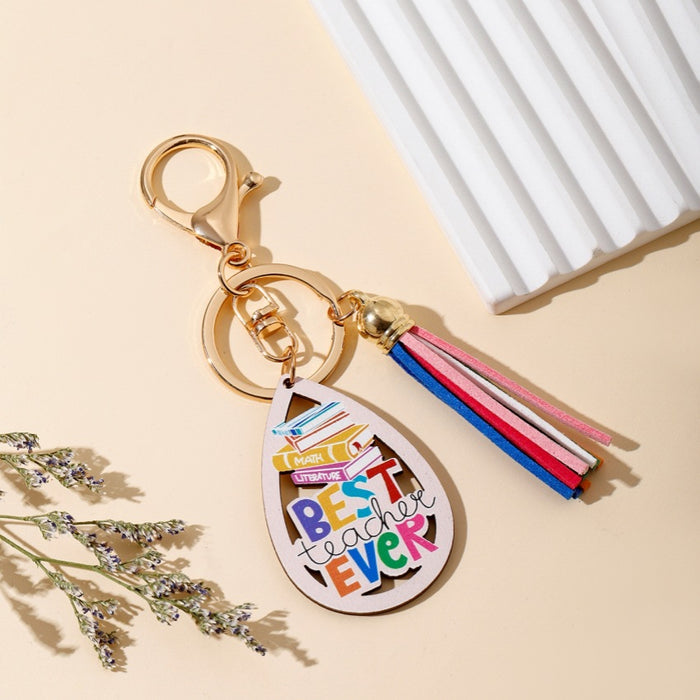 Wholesale Graduation Season Teacher Rainbow Wooden Sign Tassel Keychain JDC-KC-WoD003