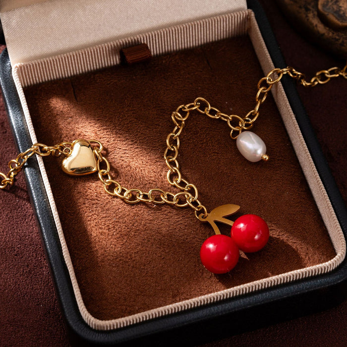 Wholesale Red Cherry Pendant Bracelet Earrings Necklace Titanium Steel set