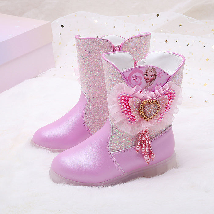 Wholesale Children's Leather Boots Barbie Pink Princess Girl Sequins Bow Bead Warm High Top Cotton Boots JDC-KS-SB009