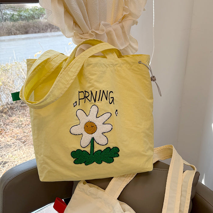 Wholesale New cartoon embroidery drawstring shoulder bag, casual canvas bag, large capacity commuting bag