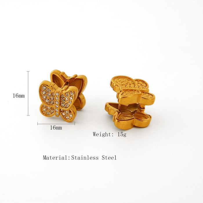 Wholesale Fashionable and personalized three-dimensional stainless steel butterfly earrings with diamond temperament, bow tie earrings, color preservation
