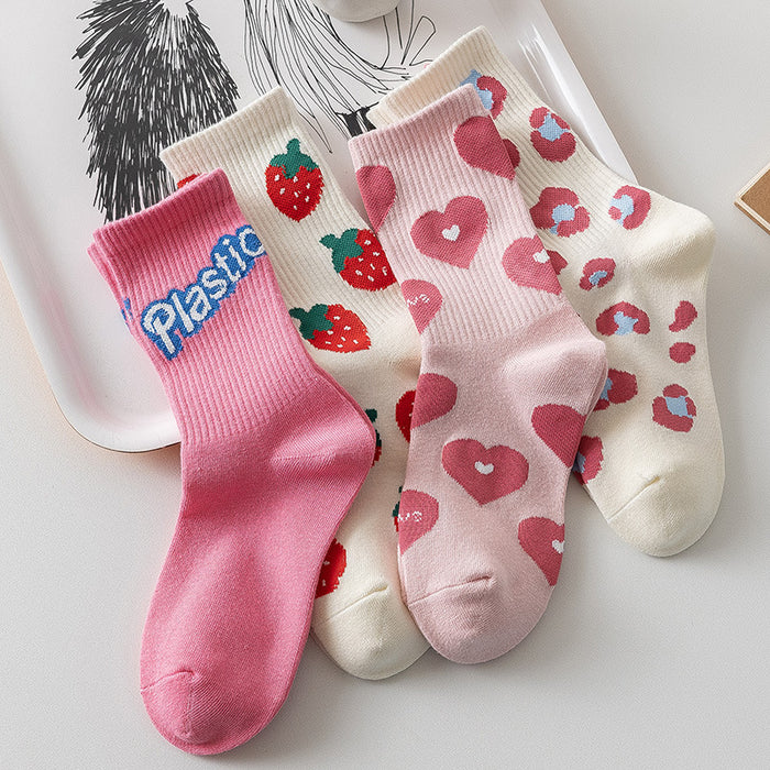Wholesale Pink letter love strawberry socks, children's fashionable and versatile cute long socks, mid tube socks