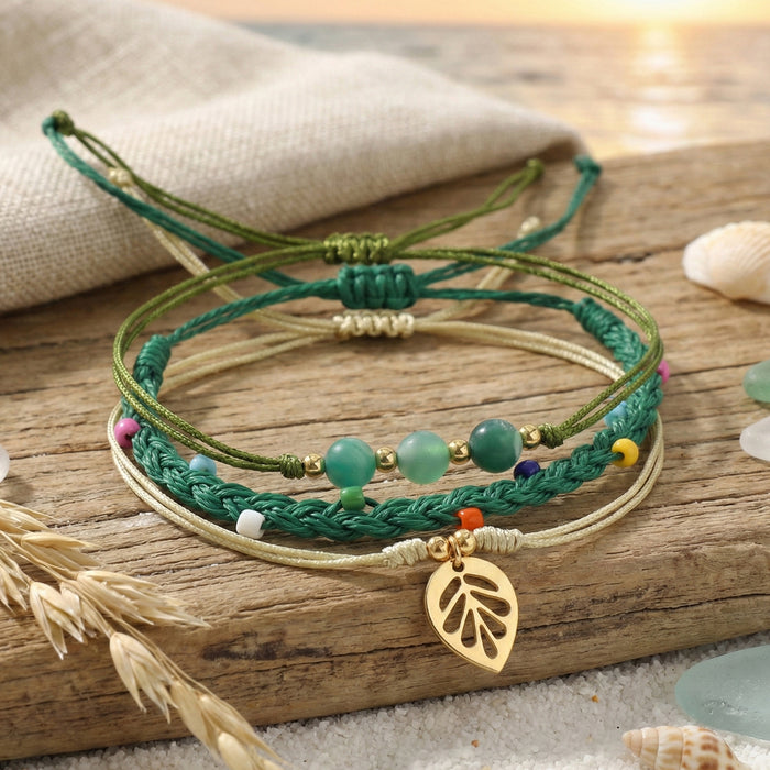 Wholesale Beach Vacation Style Wax Thread Bracelet With Multi Layer Green Natural Stone Beads And Leaf Pendant Everyday Fashion Accessory