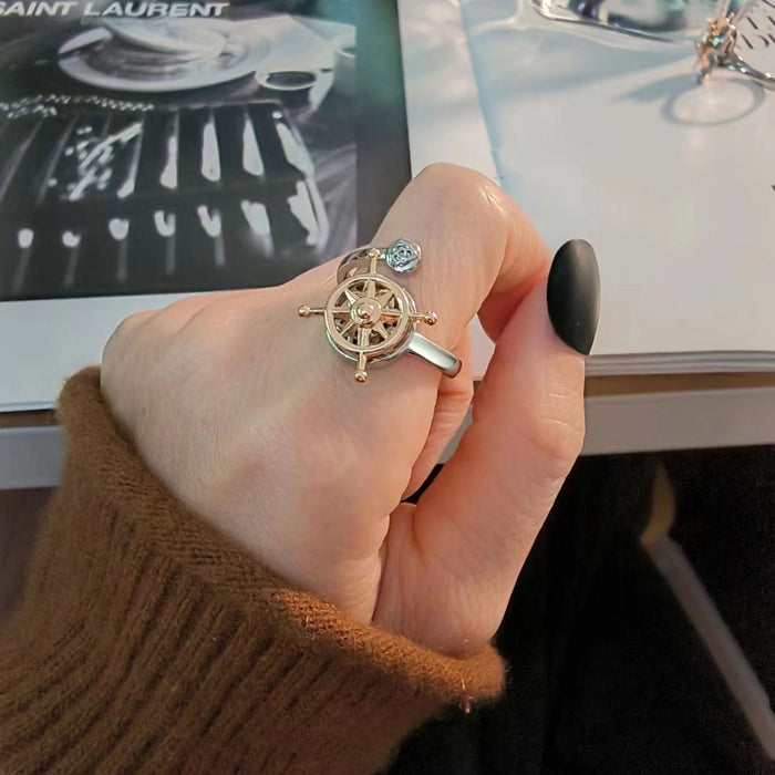 Wholesale Nautical Compass Ship Wheel Ring For Women Adjustable Gold Copper Open Band Trendy Fashion Jewelry Gift