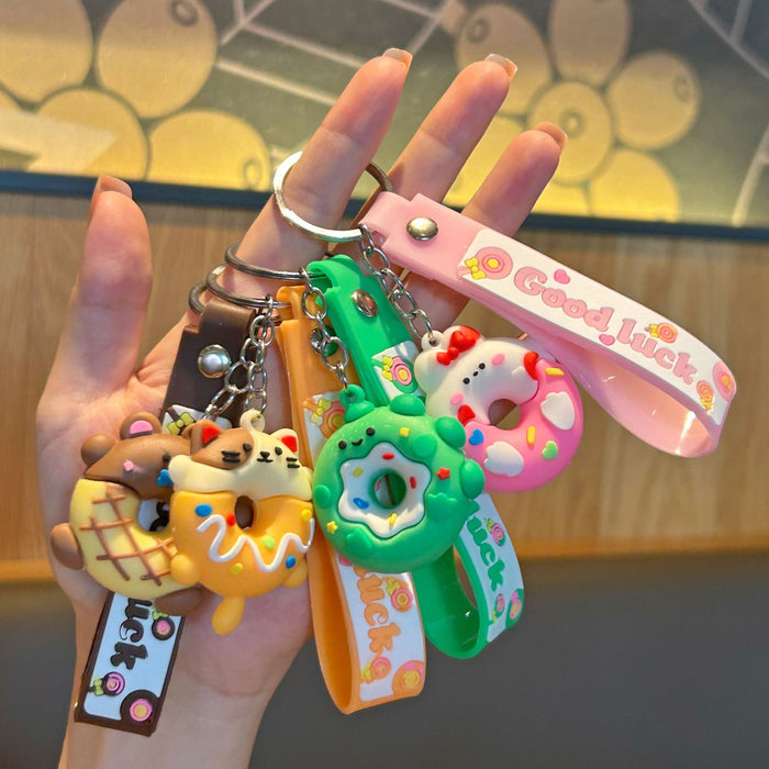 Wholesale PVC Cartoon Donut Keychain With Leather Strap Cute Car Bag Charm Gift For Resale