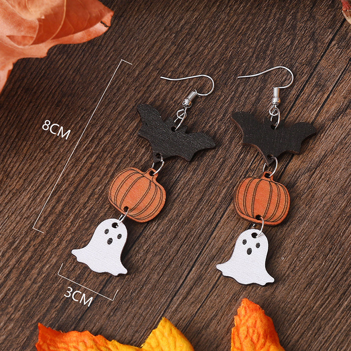 Wholesale  Witch Pumpkin Bat Ghost Pendant Earrings Wooden Double Sided  Earrings Gift