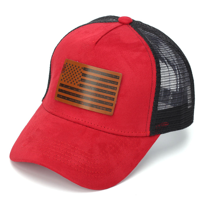 Wholesale Stylish American Flag Leather Patch Trucker Cap Suede Mesh Baseball Cap Summer Casual