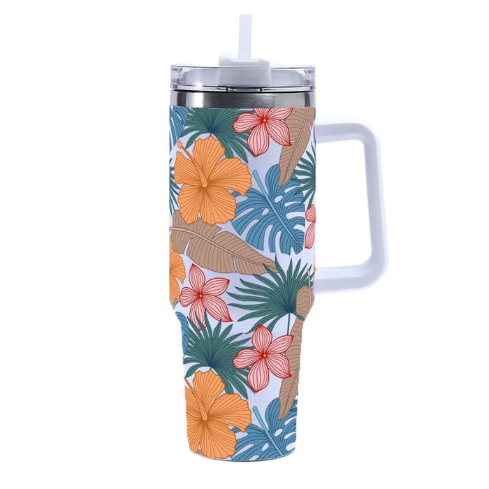 Wholesale Amazon Cross-Border 40oz Tropical Leaf Ice Cup Stainless Steel Thermal Insulation Car Cup Large Capacity with Handle