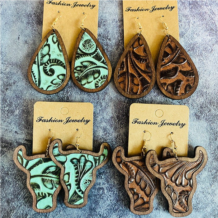 Wholesale Western leather earrings retro cow' s head Classic water droplets inlaid wooden earrings jewelry