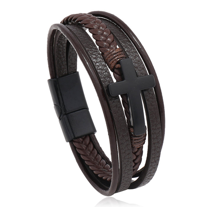 Wholesale Men's Hot Sale Hand Jewelry Can Be Engraved Braided Handmade Leather Magnetic Buckle Cross Alloy Bracelet JDC-BT-XH007