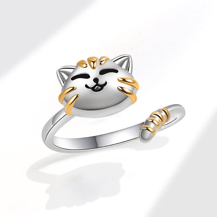 Wholesale Gold Electroplated Copper Adjustable Cat Ring Cute Cartoon Cat Jewelry Accessory For Women Everyday Wear