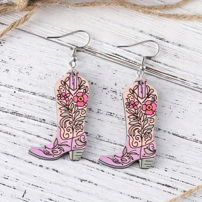 Wholesale Western style pink heart flower leaf double-sided pattern cowboy boots wooden earrings fashion gift