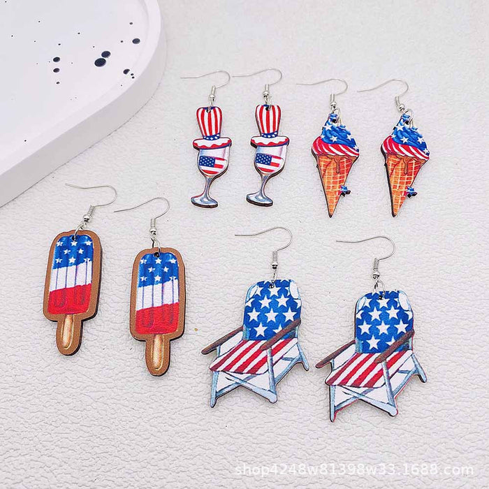 Wholesale American Independence Day Five-pointed Star Ice Cream Print Wooden Earrings JDC-ES-Susheng009