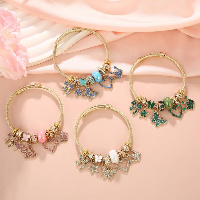 Wholesale Butterfly &  Love Rhinestone Pendant Beaded Bracelet Stainless Steel Fashion Accessory for Women Gift