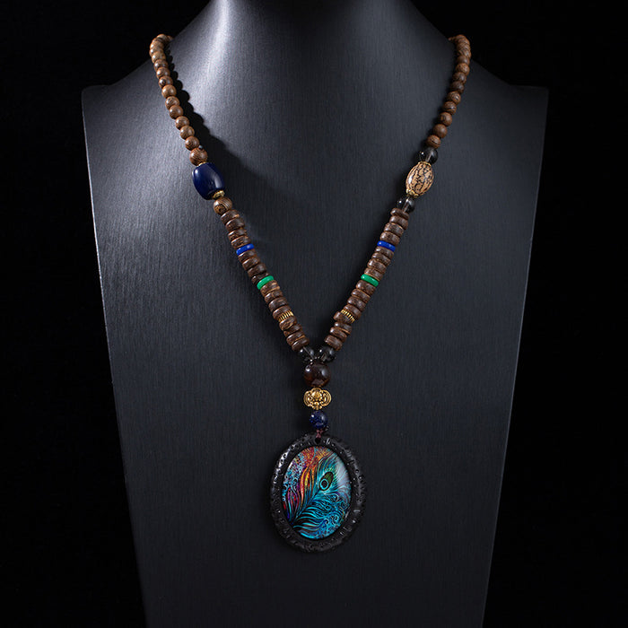Wholesale Retro ethnic style long wooden sweater chain Bodhi pendant wooden bead necklace Tibetan cotton and linen pendant Buddhist beads necklace