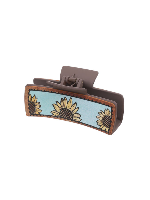 Wholesale Western Cowboy Style Sunflower Cow Pattern Leather Women' s Hairpin Grabber Shark Clip Hair Accessories Clip