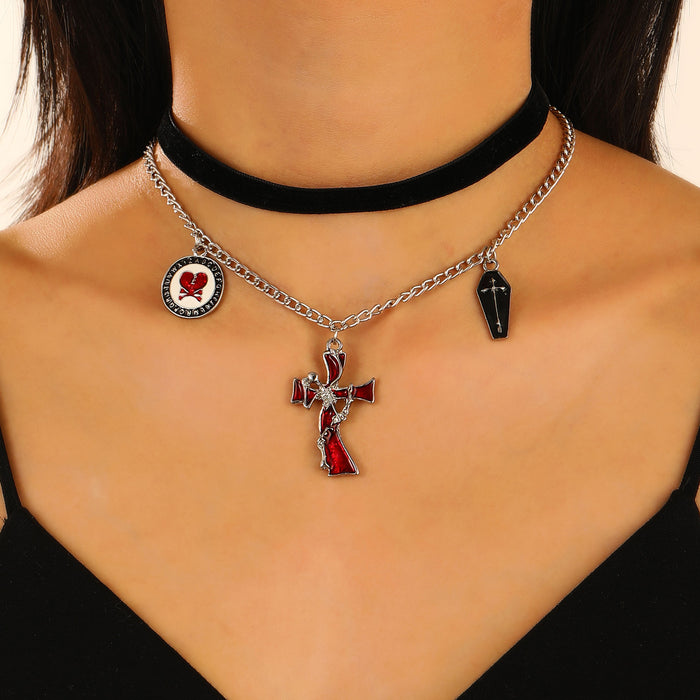 Wholesale Double-Layered Collarbone Chain Black Cross Personalized Fashion Pendant Pumpkin Skull