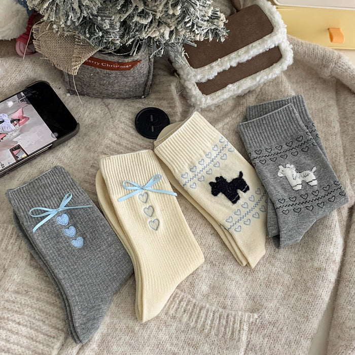 Wholesale Embroidered heart-shaped tube socks with blue ribbon and bow, stacked socks