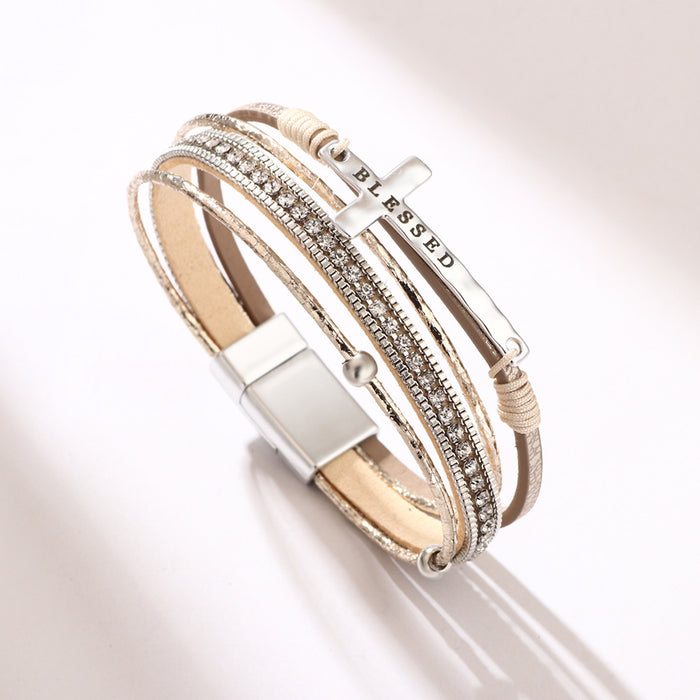 Wholesale Western Style Cross PU Diamond Magnetic Clasp Bracelet JDC-BT-QiN025