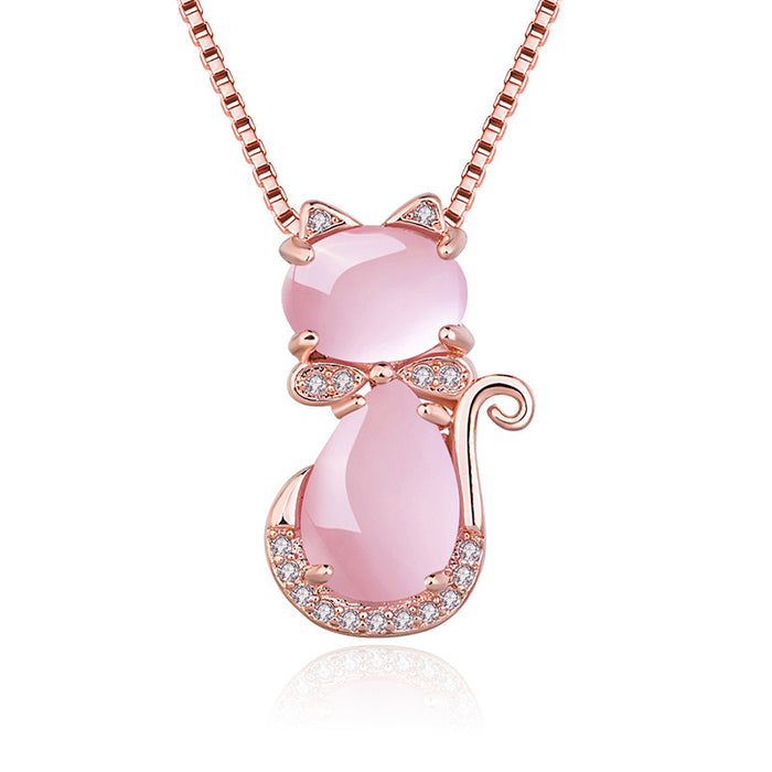 Wholesale Necklace Copper Pink Crystal Cat Pendant Clavicle Chain JDC-NE-JKL006