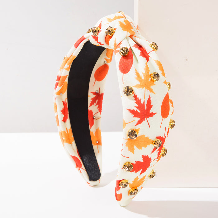 Wholesale Turkey Maple Leaf Rhinestone Printed Wide Edge Knot Hair Headband
