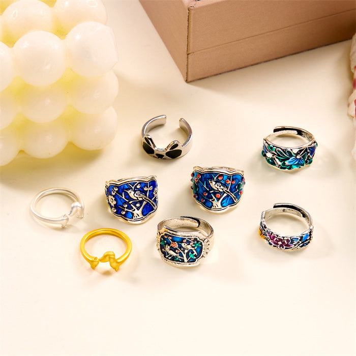 Wholesale Indigo oil Blue Plum Blossom ring niche national fashion ethnic style ring