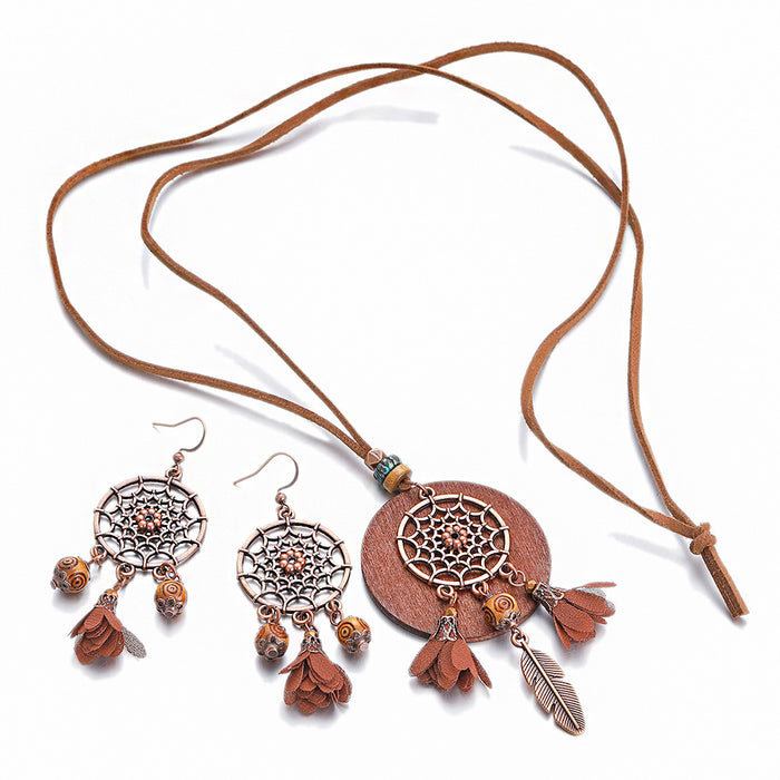 Wholesale Retro Boho Dreamcatcher Hollow Earrings and Necklace Set Fashion Jewelry MOQ≥2