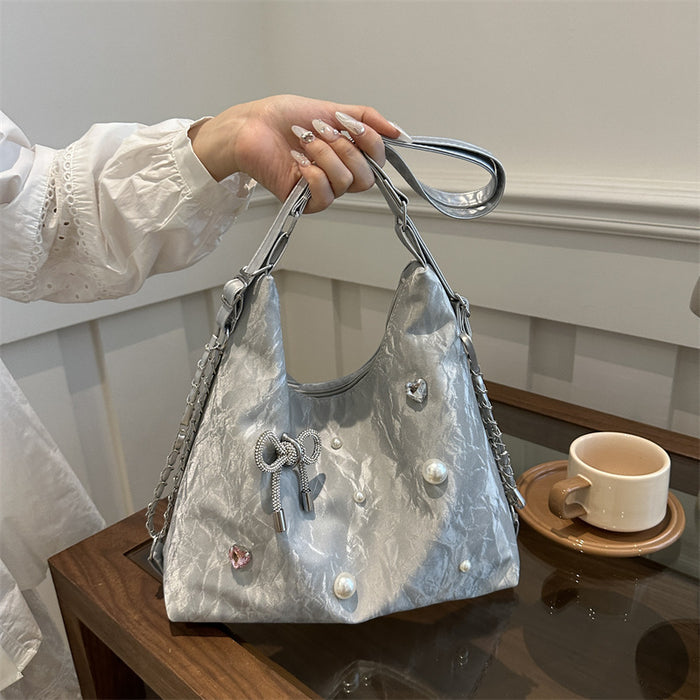 Wholesale Silver bag, new fashionable single shoulder large capacity commuting bag, crossbody bucket bag
