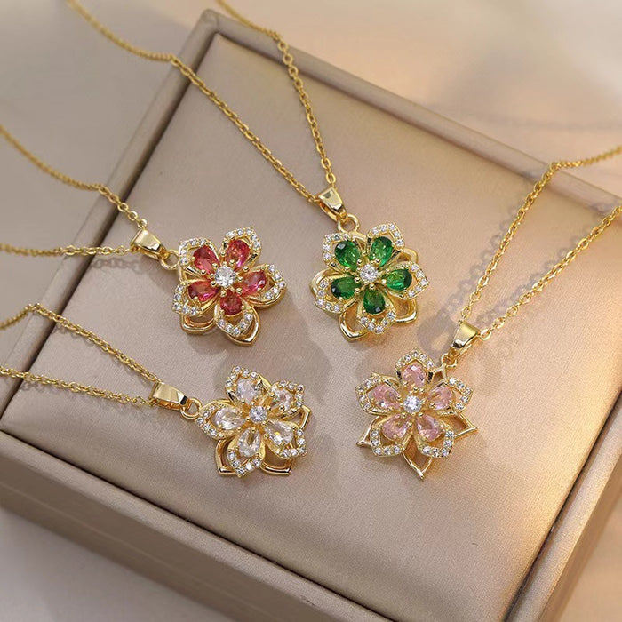 Wholesale Rotatable Zircon Flower Necklace Niche Pendant Elegant Titanium Steel Clavicle Chain