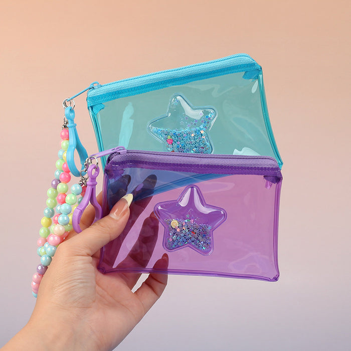 Wholesale PVC Star Macaroon Clear Zip Coin Purse Pink Bead Chain Multi Use Card Holder Earphone Bag Trendy