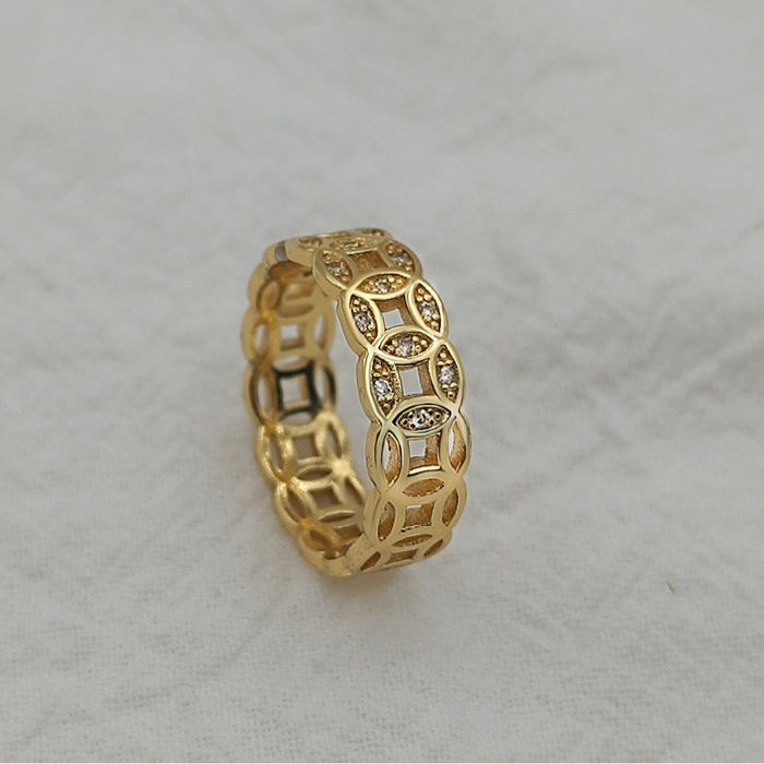 Wholesale Micro inlaid copper coin ring, fashionable and versatile with hollowed out design