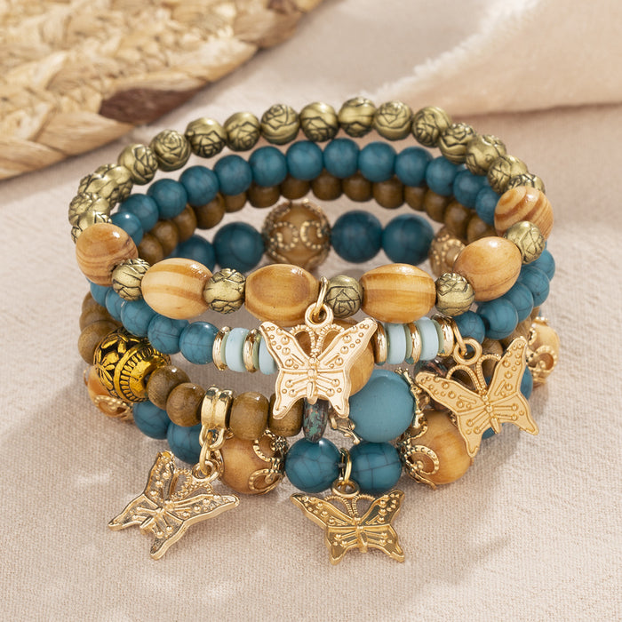 Wholesale Boho Style Multi-Layered Wood Beads Beaded Butterfly Pendant Bracelet JDC-BT-FeiYa006