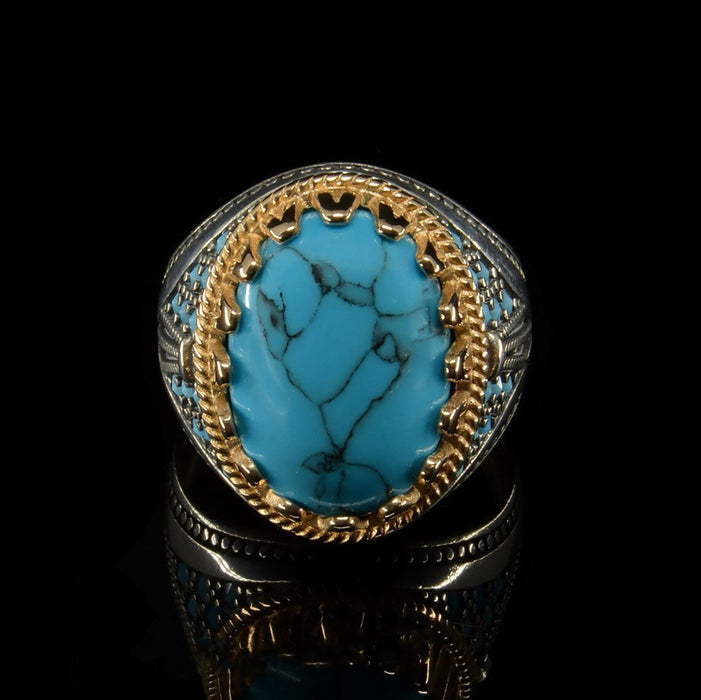 Wholesale Men' s Two-Tone Alloy Ring with Faux Turquoise Inlay