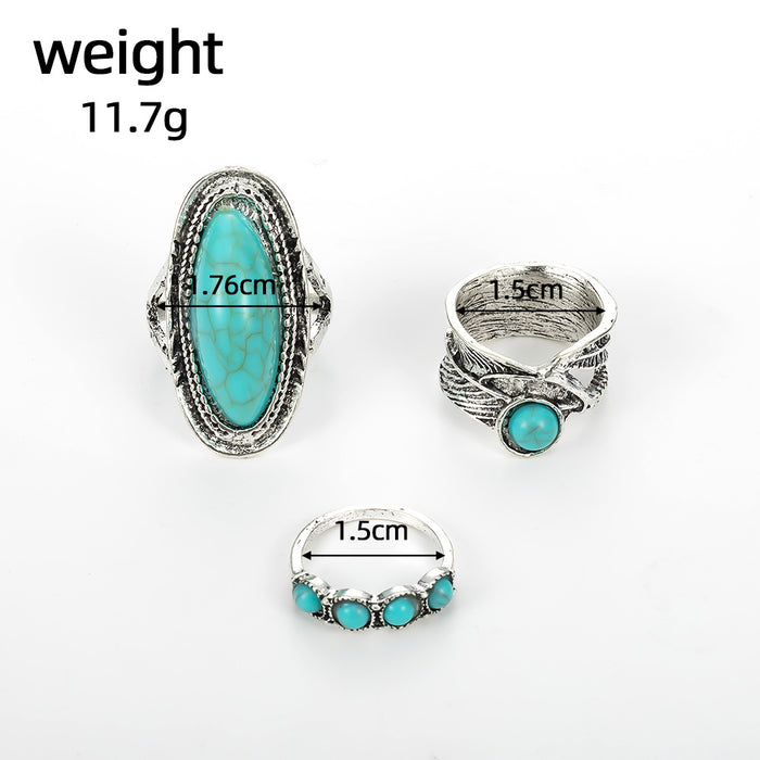 Wholesale retro bohemian feather large turquoise ring set