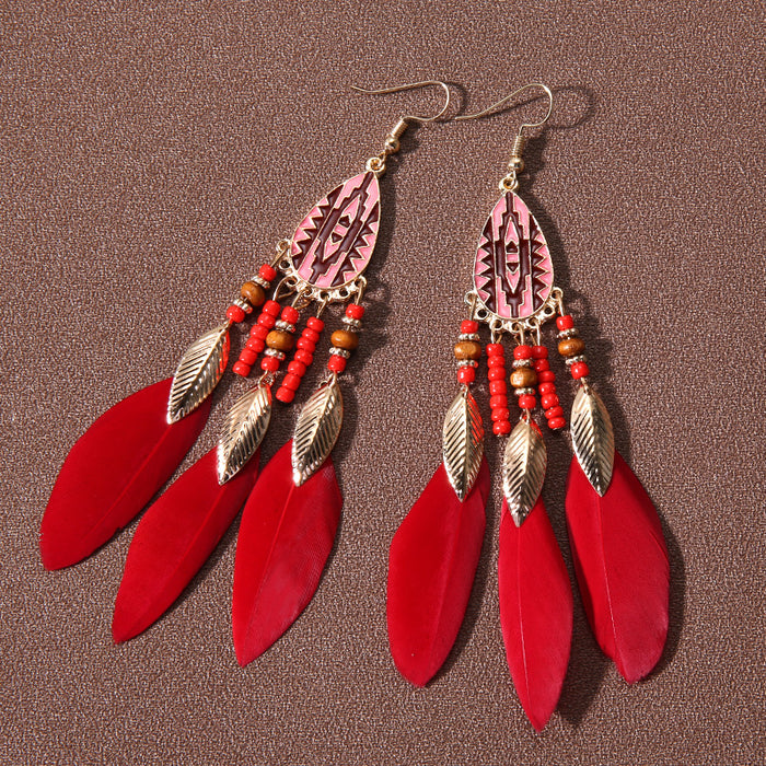 Wholesale Alloy Bohemian Water Droplet Tassel Feather Earrings JDC-ES-Gumi012