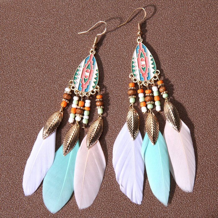 Wholesale Water Drop Tassel Feather Earrings Women's Long Bohemian Rice Beads Earrings Tourism Vacation Accessories