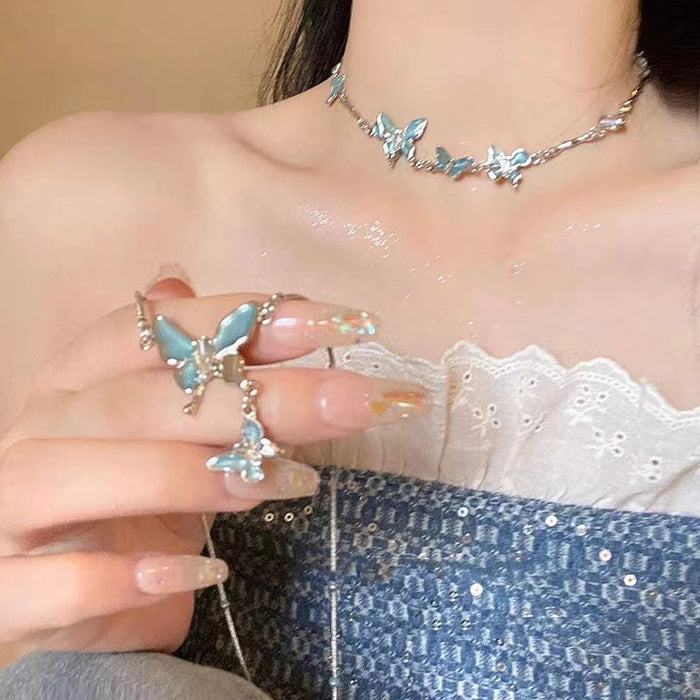 Wholesale Blue Butterfly Moonstone Splicing Necklace Neck Chain Feel Clavicle Chain Light Luxury Niche Neck Chain Accessories
