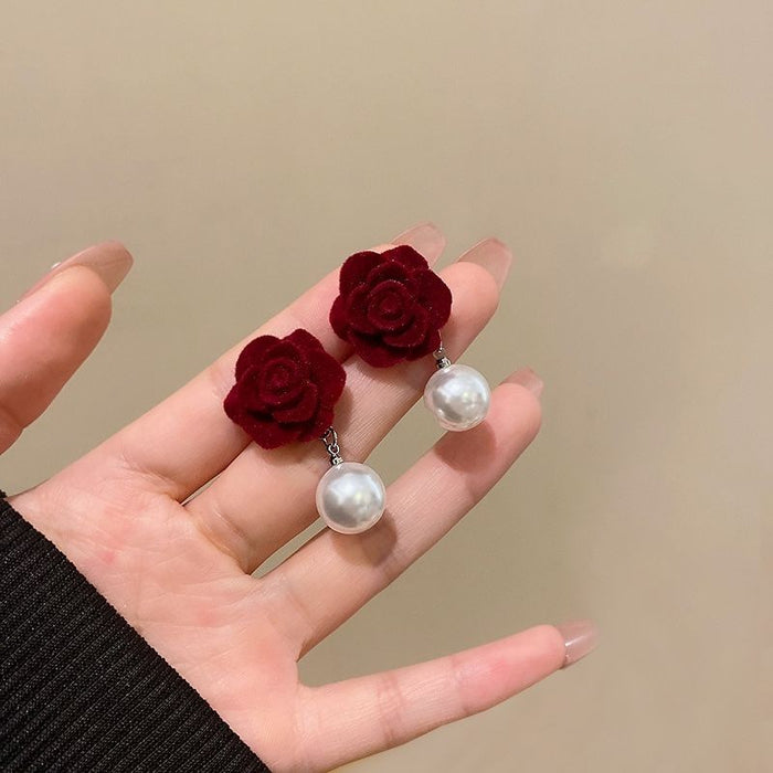 Wholesale  wine red velvet rose pearl earrings  earrings