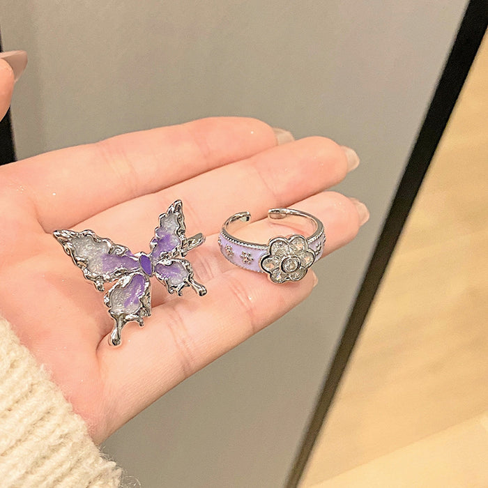 Wholesale Butterfly ring full of diamonds and ice flowers, high-end and niche design, open-ended ring