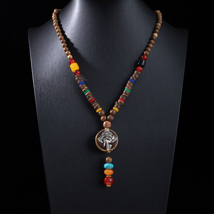 Wholesale Retro ethnic style long wooden sweater chain Bodhi pendant wooden bead necklace Tibetan cotton and linen pendant Buddhist beads necklace