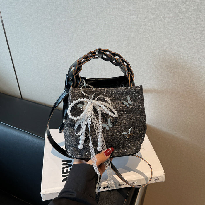 Wholesale Butterfly decoration shoulder crossbody bag, new niche design, drawstring bucket bag