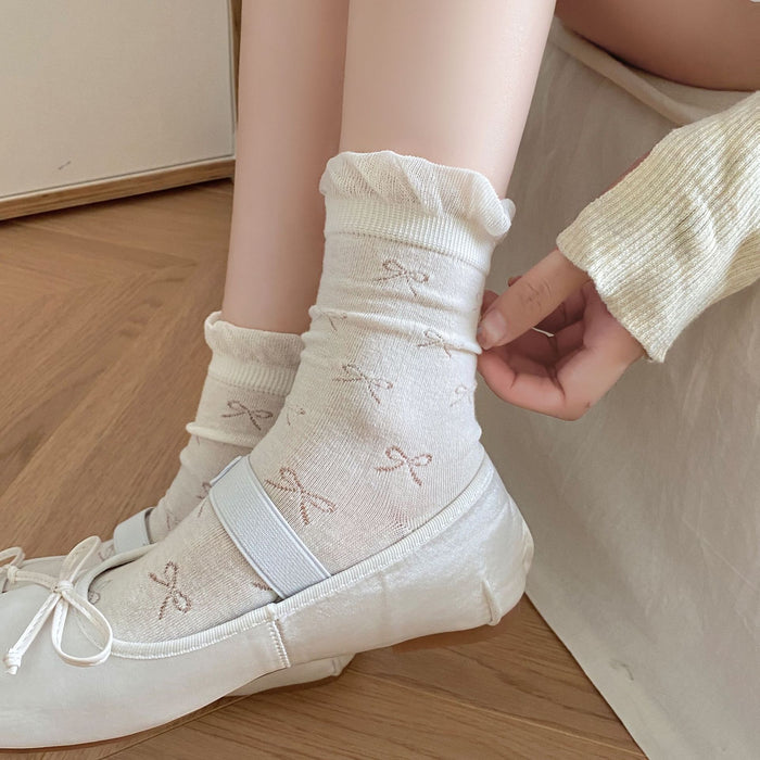 Wholesale Bow shaped mid tube socks, thin mesh, breathable, sweat absorbing, pile socks, long socks
