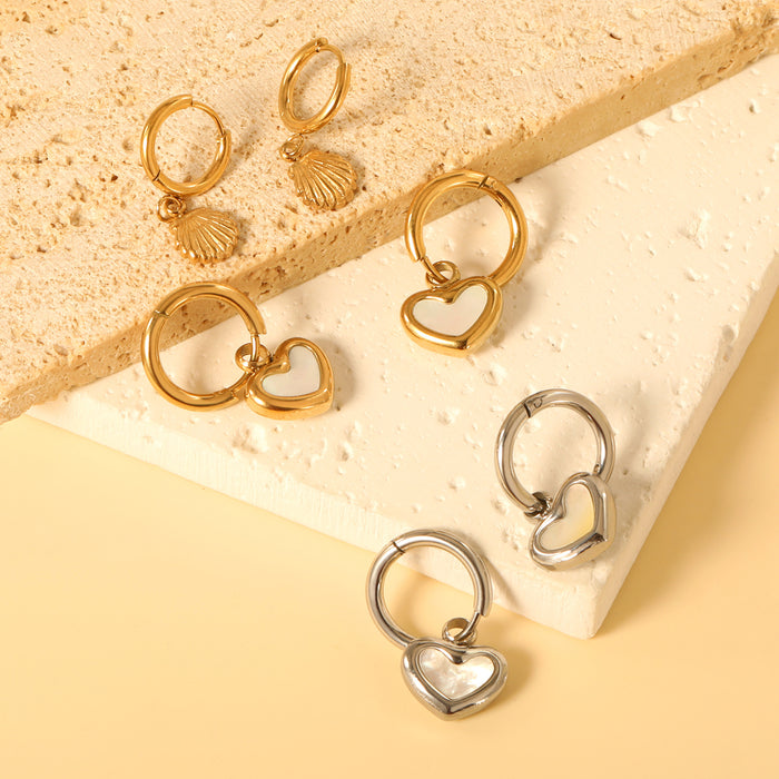 Wholesale  Retro hoop polished stainless steel heart shell metal earrings