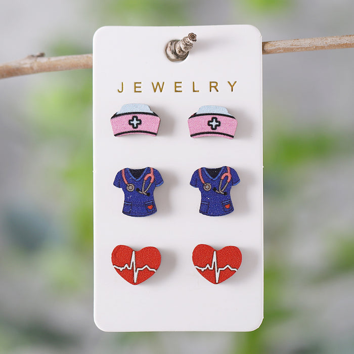 Wholesale Nurse' s Day Stethoscope Nurse Cute Heart and Lung Organs Earrings suit Wooden Earrings Earrings Gift