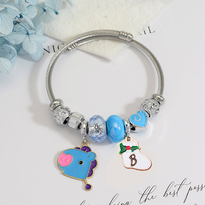 Wholesale Stainless Steel Electroplated Christmas Reindeer Bell Charm Bracelet MOQ≥2