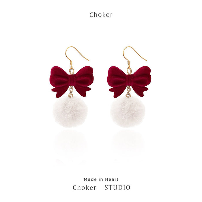 Wholesale Wine red flocking bowknot fur ball earrings for women sweet ear clip