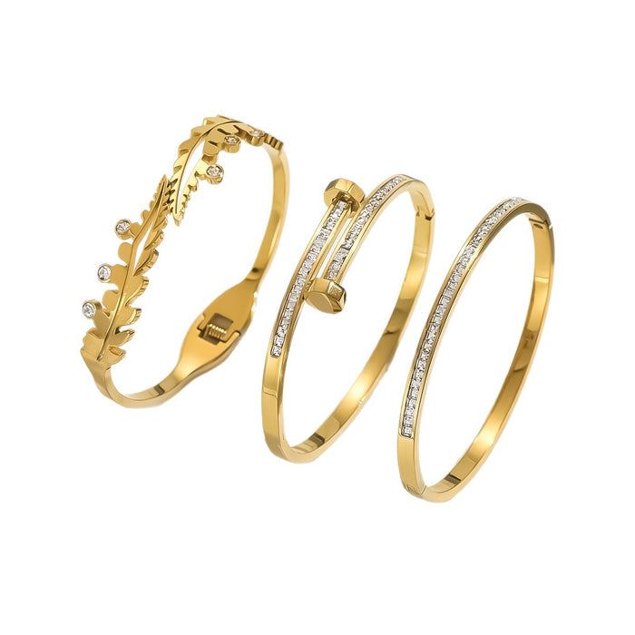 Wholesale Stainless Steel Botanical-Themed Gold-Tone Bangle Set with Rhinestones