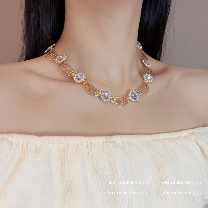 Wholesale Retro purple imitation diamond necklace earrings exaggerated personality collarbone chain